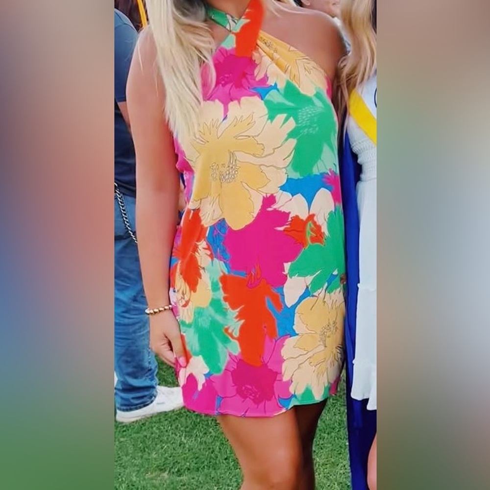 Vibrant Floral Slip Dress in Pink, Green, Yellow & Blue
